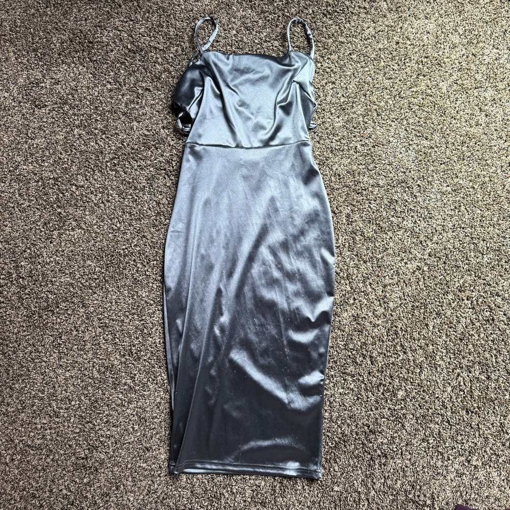Forever 21 Silver Blue Bodycon Midi Dress Spaghetti Strap